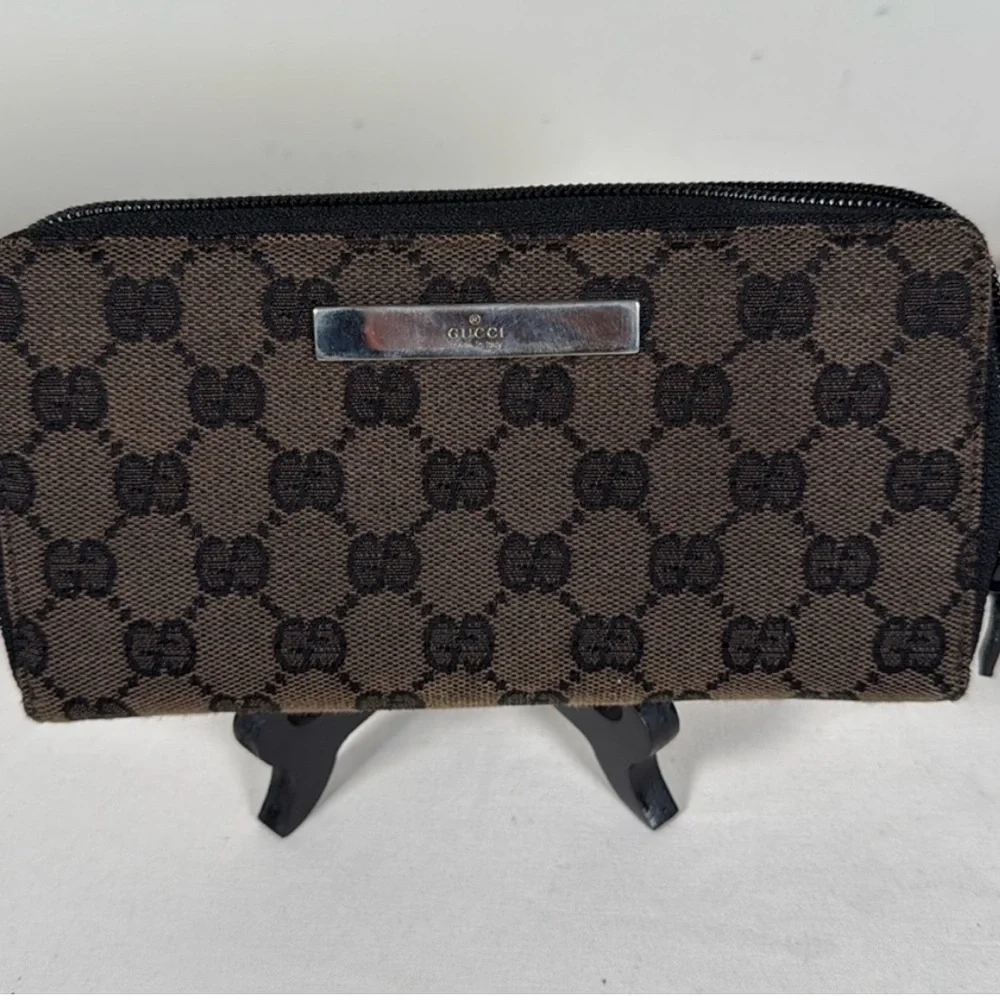 Gucci Brown GG Canvas Zip-Around Wallet with Silver Plaque